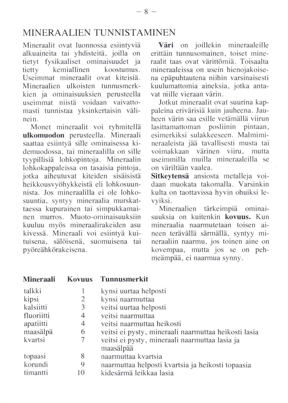 Monet mineraalit voi ryhmitellä ulkomuodon perusteella. Mineraali saattaa esiintyä si lle ominaisessa kidemuodossa, tai mineraalilla on si lle tyypillisiä lohkopintoja.