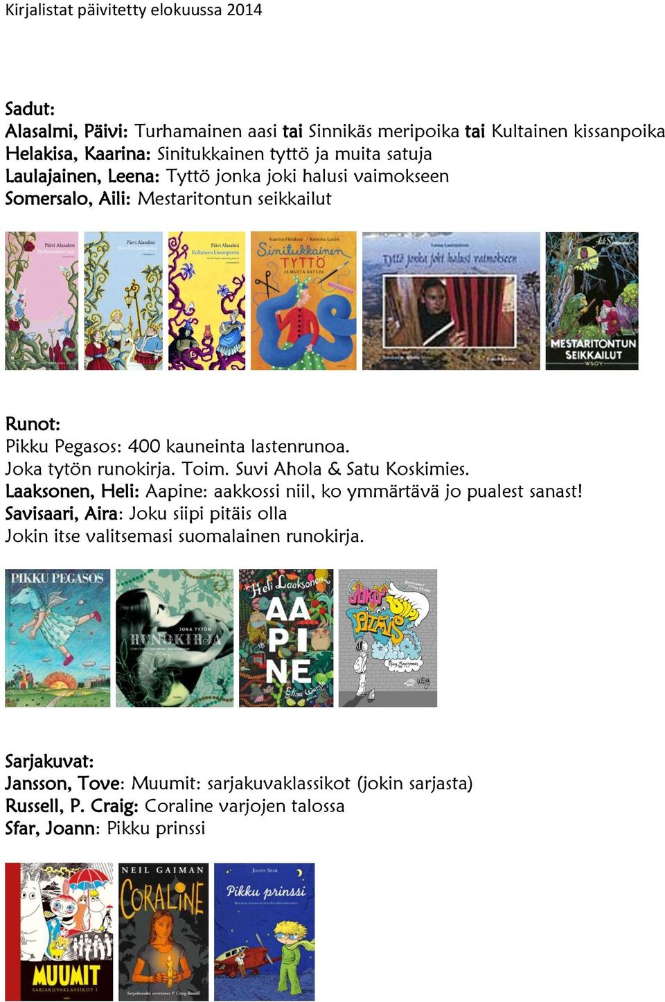 Suvi Ahola & Satu Koskimies. Laaksonen, Heli: Aapine: aakkossi niil, ko ymmärtävä jo pualest sanast!