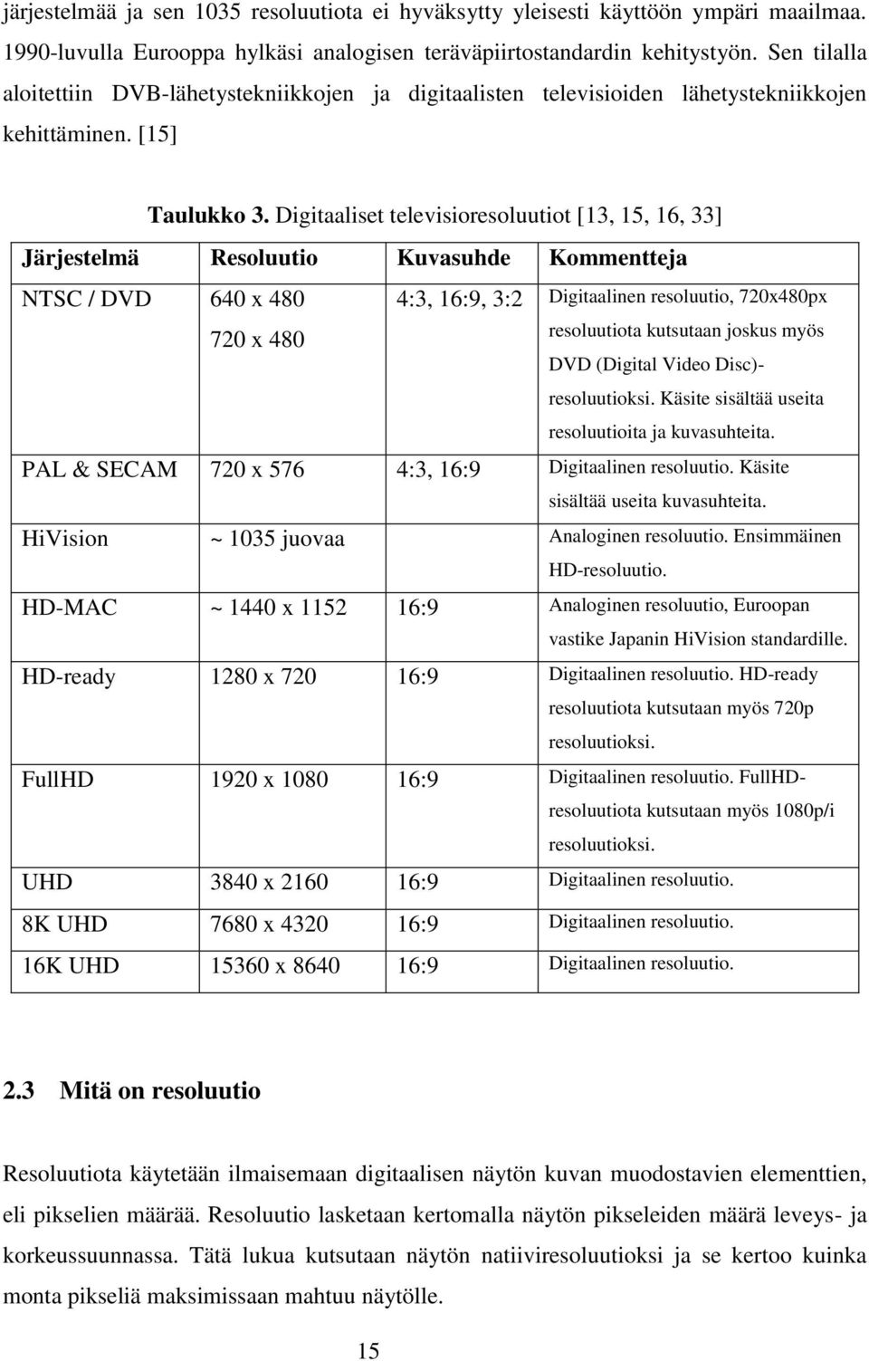 Digitaaliset televisioresoluutiot [13, 15, 16, 33] Järjestelmä Resoluutio Kuvasuhde Kommentteja NTSC / DVD 640 x 480 720 x 480 4:3, 16:9, 3:2 Digitaalinen resoluutio, 720x480px resoluutiota kutsutaan