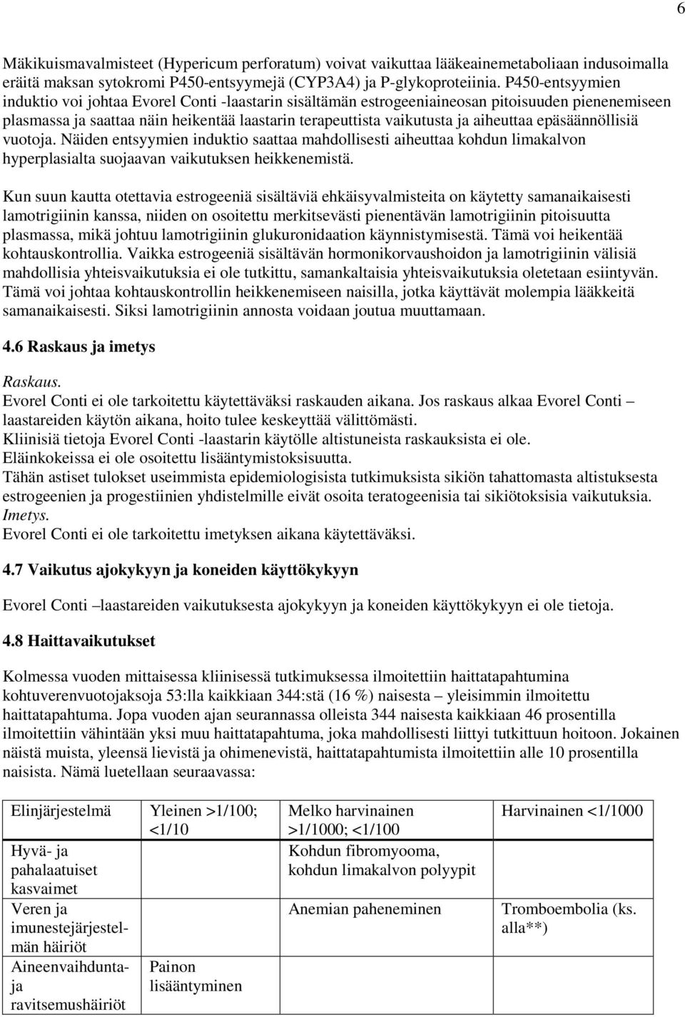 epäsäännöllisiä vuotoja. Näiden entsyymien induktio saattaa mahdollisesti aiheuttaa kohdun limakalvon hyperplasialta suojaavan vaikutuksen heikkenemistä.