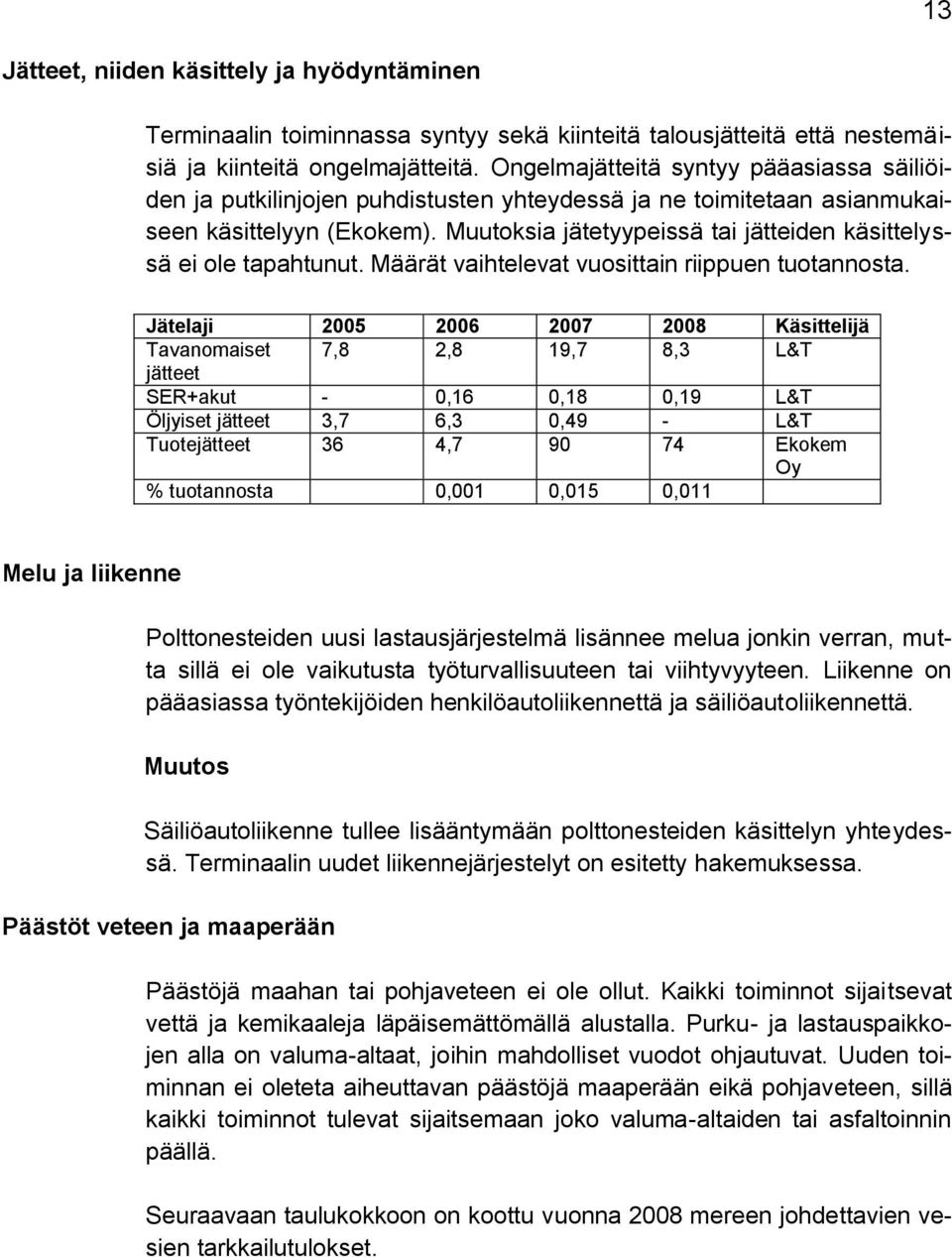 Muutoksia jätetyypeissä tai jätteiden käsittelyssä ei ole tapahtunut. Määrät vaihtelevat vuosittain riippuen tuotannosta.