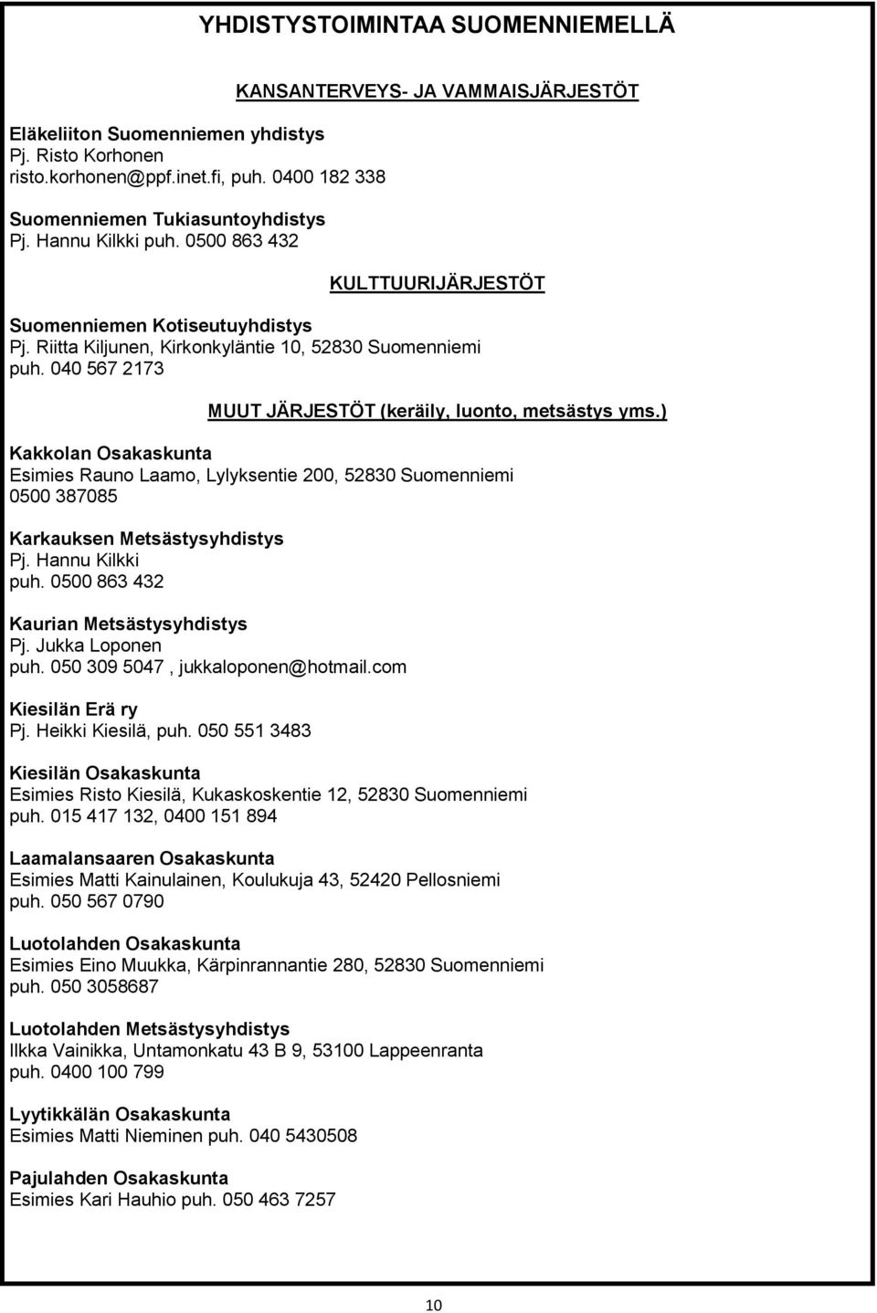 040 567 2173 MUUT JÄRJESTÖT (keräily, luonto, metsästys yms.) Kakkolan Osakaskunta Esimies Rauno Laamo, Lylyksentie 200, 52830 Suomenniemi 0500 387085 Karkauksen Metsästysyhdistys Pj.