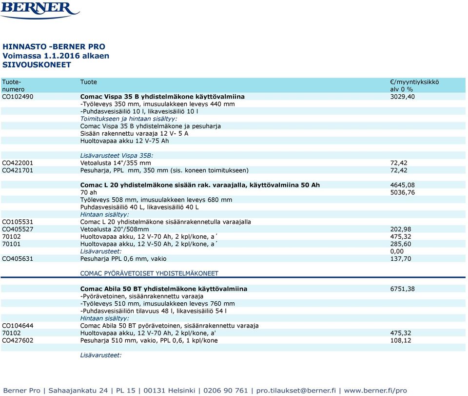 Vetoalusta 14"/355 mm 72,42 CO421701 Pesuharja, PPL mm, 350 mm (sis. koneen toimitukseen) 72,42 Comac L 20 yhdistelmäkone sisään rak.