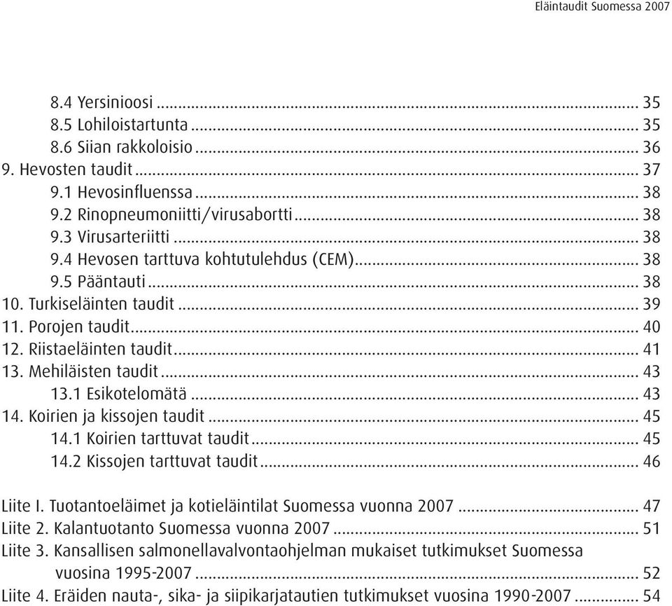 .. 45 14.1 Koirien tarttuvat taudit... 45 14.2 Kissojen tarttuvat taudit... 46 Liite I. Tuotantoeläimet ja kotieläintilat Suomessa vuonna 2007... 47 Liite 2. Kalantuotanto Suomessa vuonna 2007.