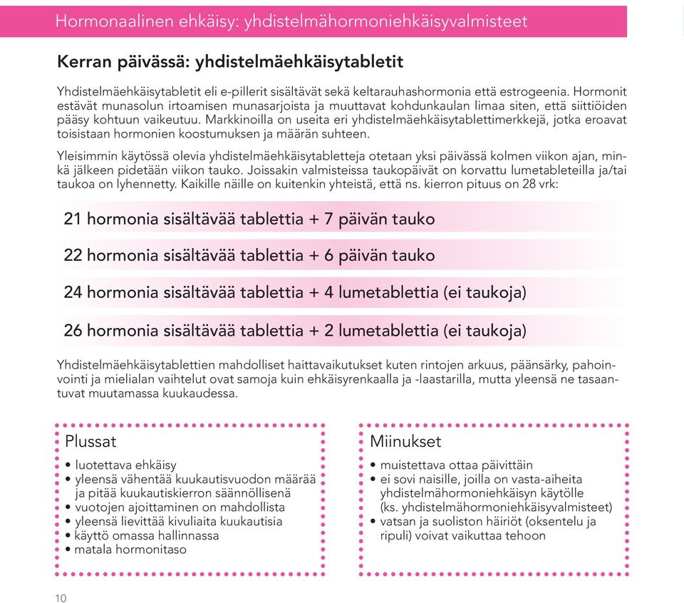 Markkinoilla on useita eri yhdistelmäehkäisytablettimerkkejä, jotka eroavat toisistaan hormonien koostumuksen ja määrän suhteen.