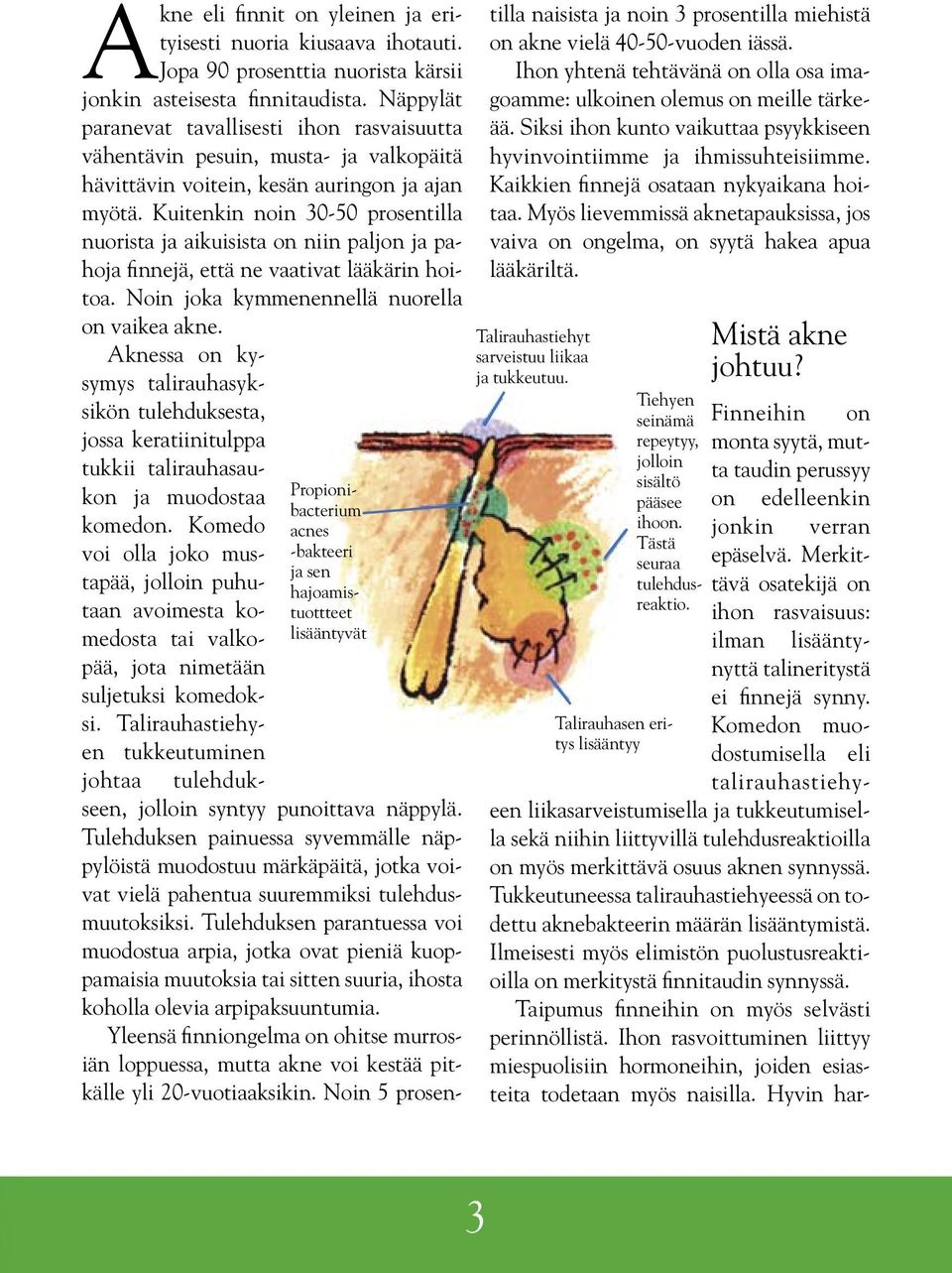 Kuitenkin noin 30-50 prosentilla nuorista ja aikuisista on niin paljon ja pahoja finnejä, että ne vaativat lääkärin hoitoa. Noin joka kymmenennellä nuorella on vaikea akne.