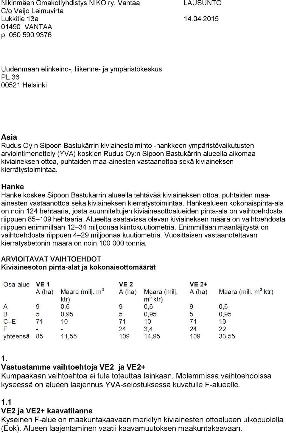 koskien Rudus Oy:n Sipoon Bastukärrin alueella aikomaa kiviaineksen ottoa, puhtaiden maa-ainesten vastaanottoa sekä kiviaineksen kierrätystoimintaa.