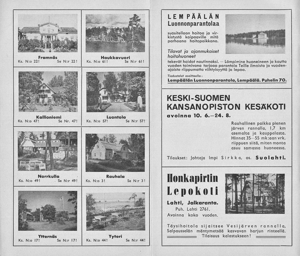 huoneineen ja kautta vuoden toimivana tarjoaa parantola Teille ilmoista ja vuodenajoista riippumatta viihtyisyyttä ja lepoa. Tiedustelut osoitteella : Lempäälän Luonnonparantola,Lempäälä. Puhelin 7Q.