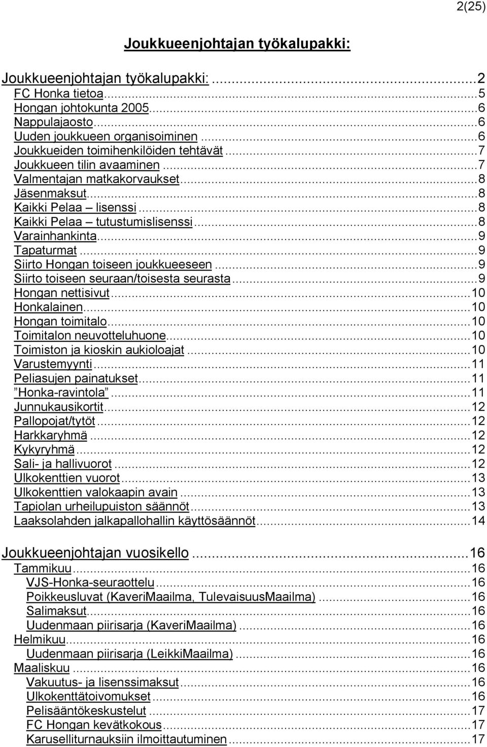 ..9 Tapaturmat...9 Siirto Hongan toiseen joukkueeseen...9 Siirto toiseen seuraan/toisesta seurasta...9 Hongan nettisivut...10 Honkalainen...10 Hongan toimitalo...10 Toimitalon neuvotteluhuone.