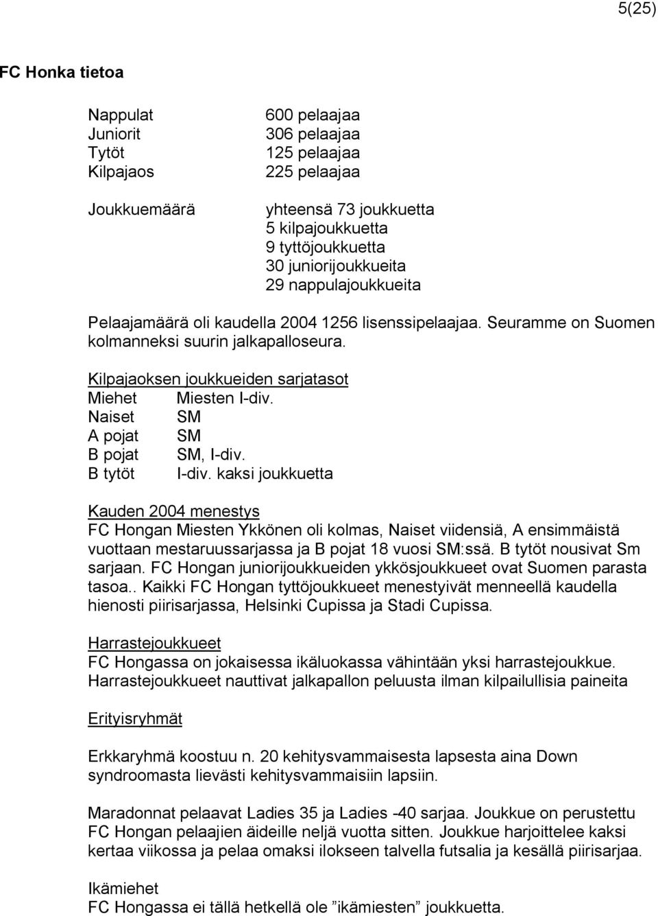 Kilpajaoksen joukkueiden sarjatasot Miehet Miesten I div. Naiset SM A pojat SM B pojat SM, I div. B tytöt I div.