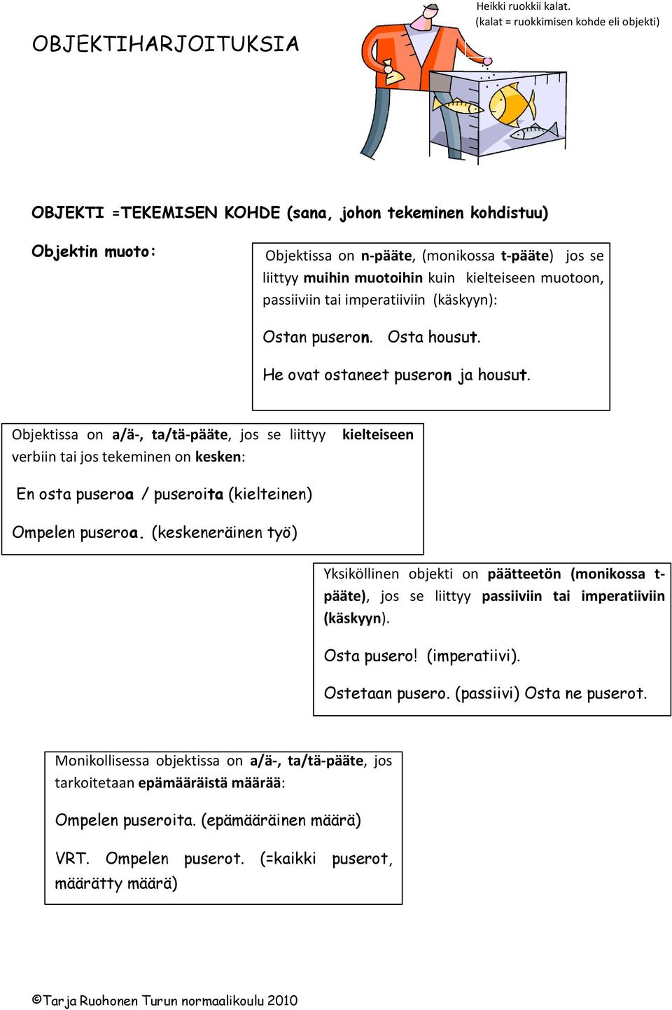 muoto, passiiviin tai imperatiiviin (käskyyn): Ostan puser. Osta housut. He ovat ostaneet puser ja housut.