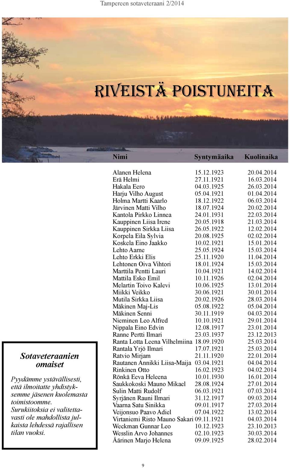 04.1921 01.04.2014 Holma Martti Kaarlo 18.12.1922 06.03.2014 Järvinen Matti Vilho 18.07.1924 20.02.2014 Kantola Pirkko Linnea 24.01.1931 22.03.2014 Kauppinen Liisa Irene 20.05.1918 21.03.2014 Kauppinen Sirkka Liisa 26.