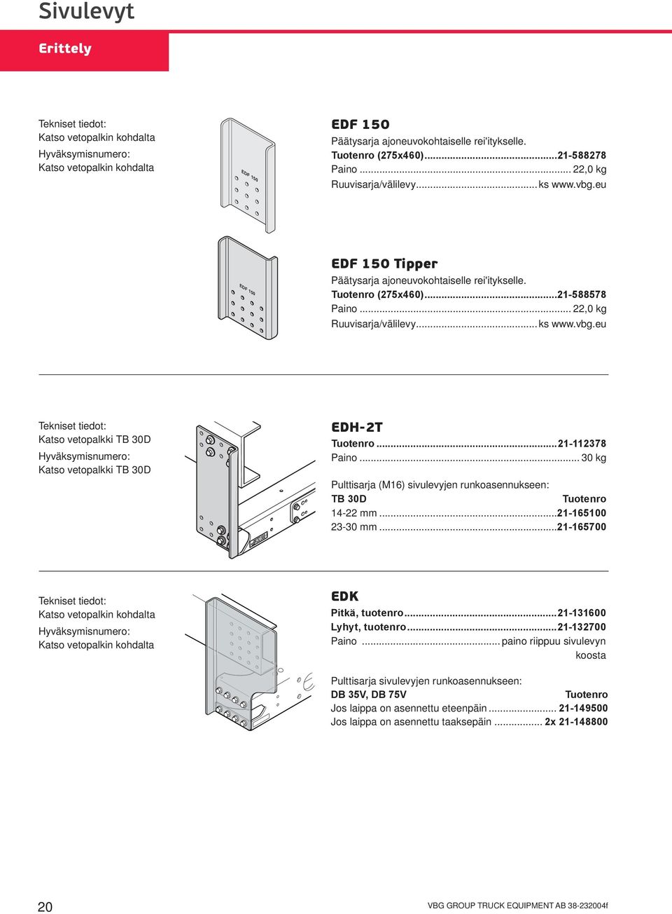 ..21-112378 Paino... 30 kg Pulttisarja (M16) sivulevyjen runkoasennukseen: TB 30D... Tuotenro 14-22 mm...21-165100 23-30 mm.