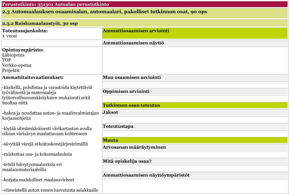 mukaisesti sekä huoltaa niitä -hakea ja noudattaa auton- ja maalinvalmistajan korjausohjeita -löytää silmämääräisesti värikartaston avulla oikean värisävyn maalattavaan kohteeseen -sävyttää värejä