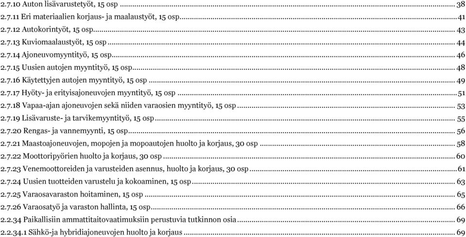 .. 53 2.7.19 Lisävaruste- ja tarvikemyyntityö, 15 osp... 55 2.7.20 Rengas- ja vannemyynti, 15 osp... 56 2.7.21 Maastoajoneuvojen, mopojen ja mopoautojen huolto ja korjaus, 30 osp... 58 2.7.22 Moottoripyörien huolto ja korjaus, 30 osp.