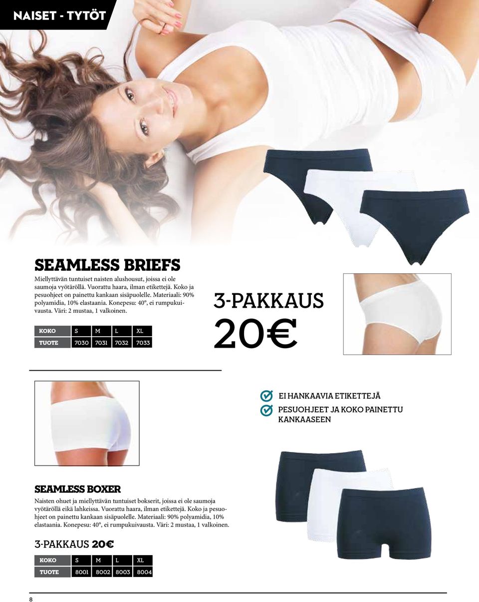 3-pakkaus 20 koko s m l xl tuote 7030 7031 7032 7033 EI HANKAAVIA ETIKETTEJÄ PESUOHJEET JA KOKO PAINETTU KANKAASEEN Seamless Boxer Naisten ohuet ja miellyttävän tuntuiset bokserit, joissa ei ole