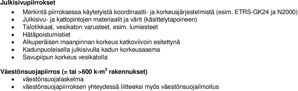 lumiesteet Hätäpoistumistiet Alkuperäisen maanpinnan korkeus katkoviivoin esitettynä Kadunpuoleisella