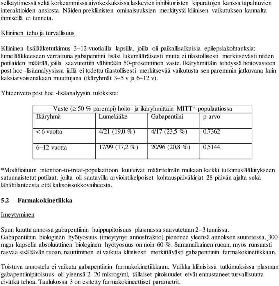 Kliininen teho ja turvallisuus Kliininen lisälääketutkimus 3 12-vuotiailla lapsilla, joilla oli paikallisalkuisia epilepsiakohtauksia: lumelääkkeeseen verrattuna gabapentiini lisäsi lukumääräisesti