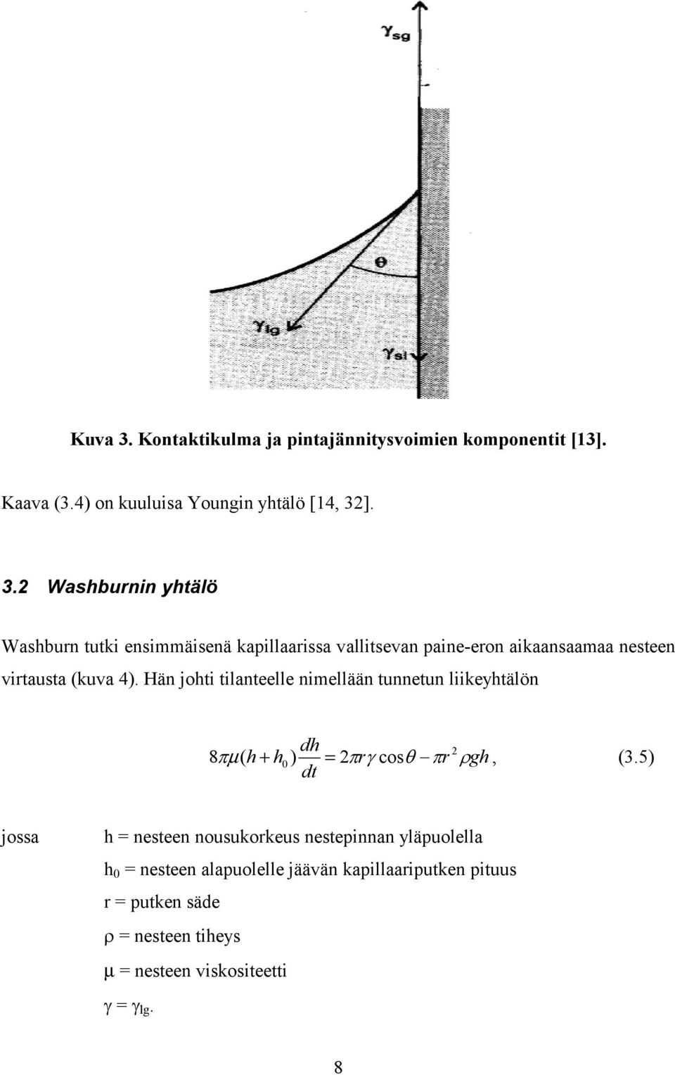 ]. 3.2 Washburnin yhtälö Washburn tutki ensimmäisenä kapillaarissa vallitsevan paine-eron aikaansaamaa nesteen virtausta (kuva