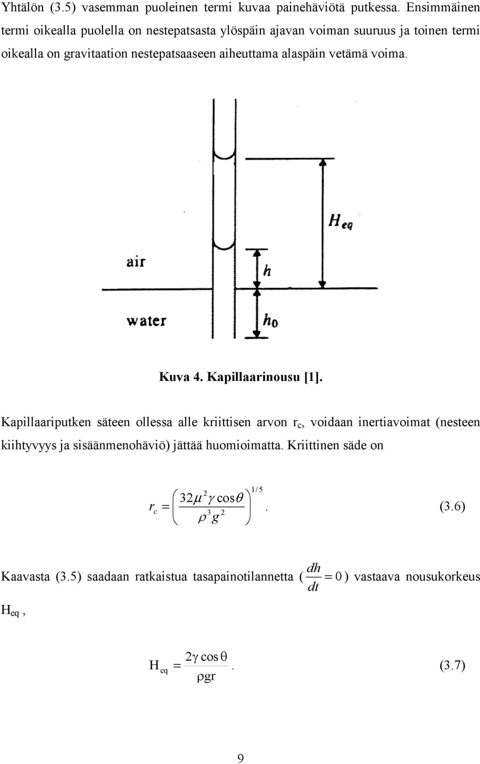 aiheuttama alaspäin vetämä voima. Kuva 4. Kapillaarinousu [1].