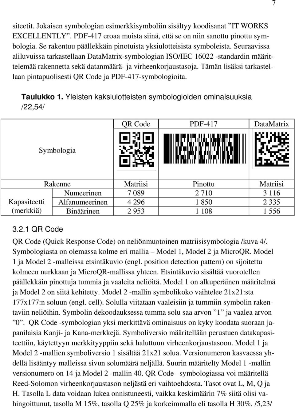 Seuraavissa aliluvuissa tarkastellaan DataMatrix-symbologian ISO/IEC 16022 -standardin määrittelemää rakennetta sekä datanmäärä- ja virheenkorjaustasoja.