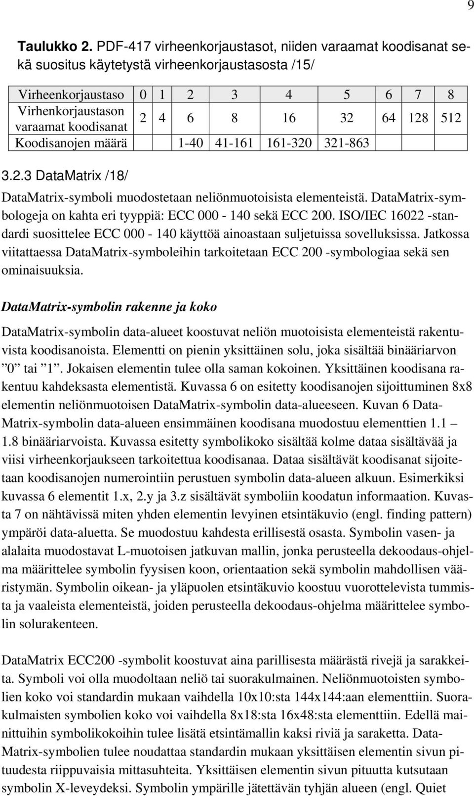 64 128 512 Koodisanojen määrä 1-40 41-161 161-320 321-863 3.2.3 DataMatrix /18/ DataMatrix-symboli muodostetaan neliönmuotoisista elementeistä.