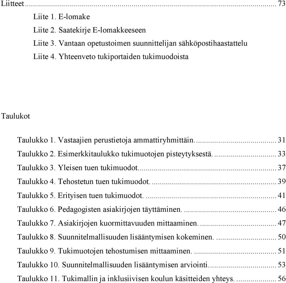 Yleisen tuen tukimuodot.... 37 Taulukko 4. Tehostetun tuen tukimuodot.... 39 Taulukko 5. Erityisen tuen tukimuodot.... 41 Taulukko 6. Pedagogisten asiakirjojen täyttäminen.... 46 Taulukko 7.