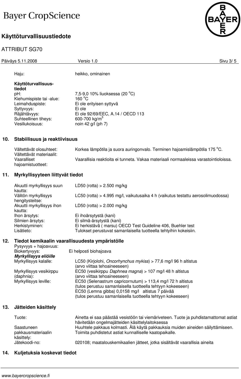 160 o C Ei ole erityisen syttyvä Ei ole Ei ole 2/6/EEC, A.14 / OECD 113 600-700 kg/m 3 noin 42 g/l (ph 7) 10.