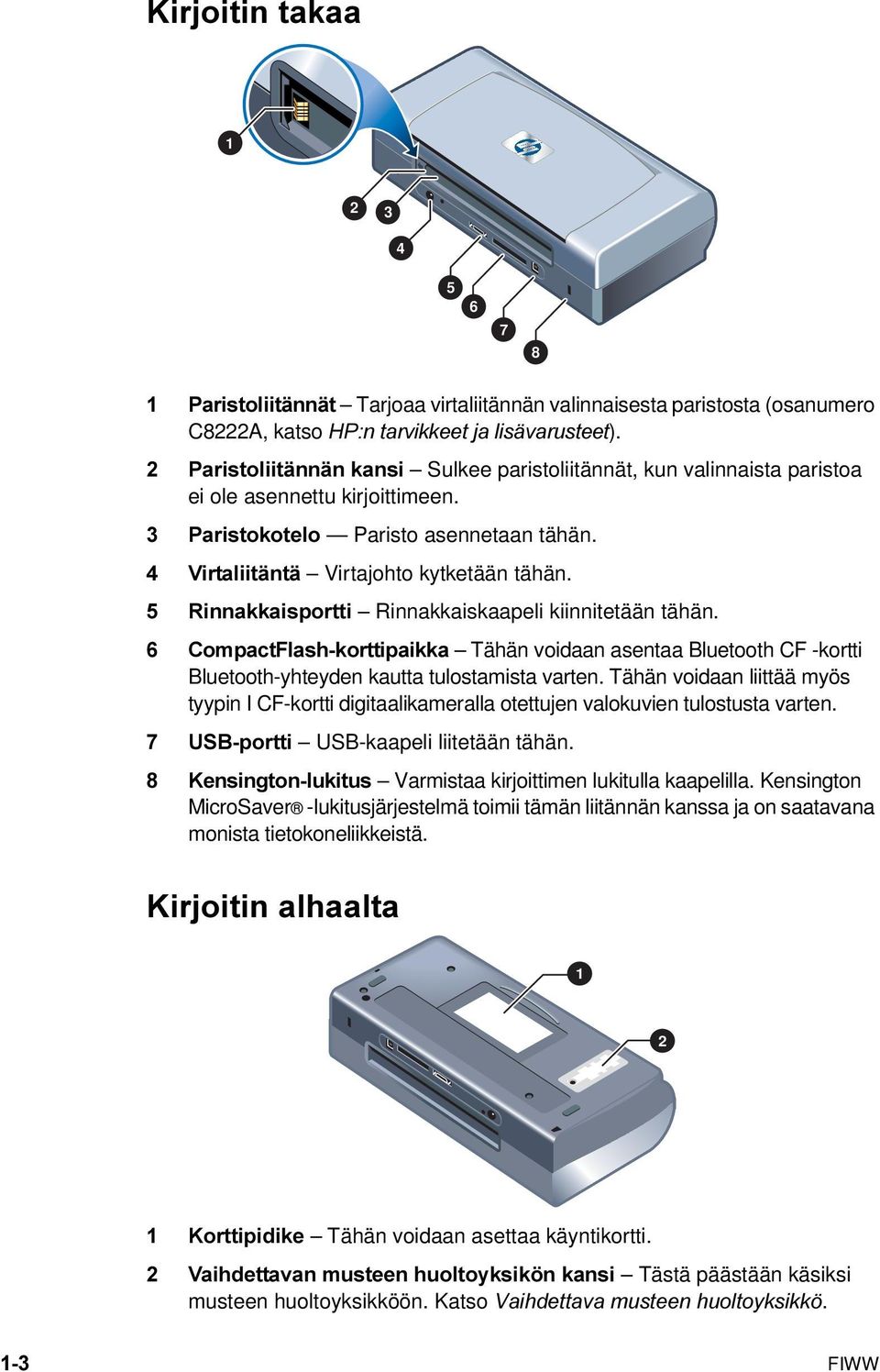 5 Rinnakkaisportti Rinnakkaiskaapeli kiinnitetään tähän. 6 CompactFlash-korttipaikka Tähän voidaan asentaa Bluetooth CF -kortti Bluetooth-yhteyden kautta tulostamista varten.