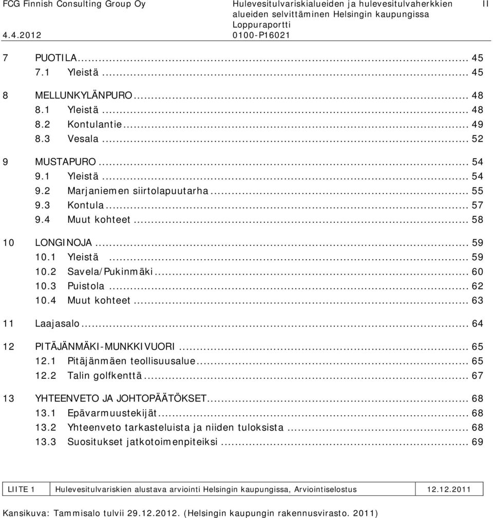 1 Yleistä... 59 10.2 Savela/Pukinmäki... 60 10.3 Puistola... 62 10.4 Muut kohteet... 63 11 Laajasalo... 64 12 PITÄJÄNMÄKI-MUNKKIVUORI... 65 12.1 Pitäjänmäen teollisuusalue... 65 12.2 Talin golfkenttä.