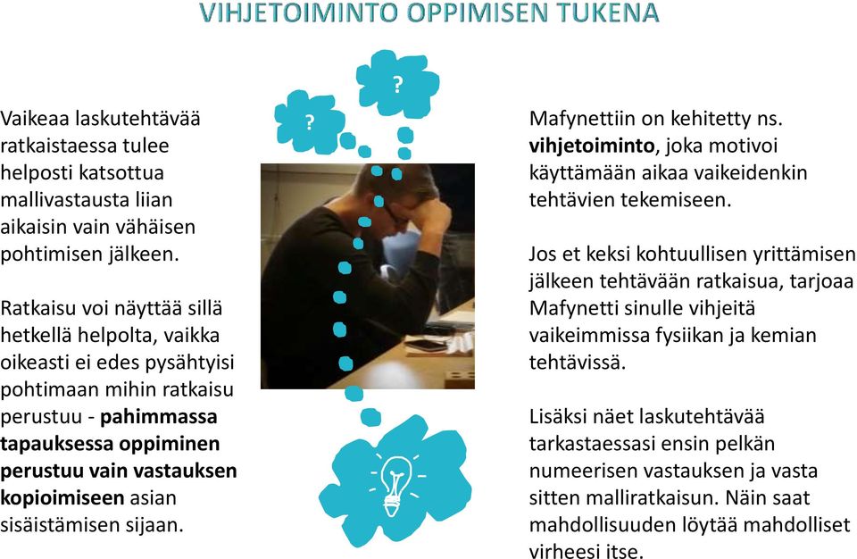 asian sisäistämisen sijaan.?? Mafynettiin on kehitetty ns. vihjetoiminto, joka motivoi käyttämään aikaa vaikeidenkin tehtävien tekemiseen.
