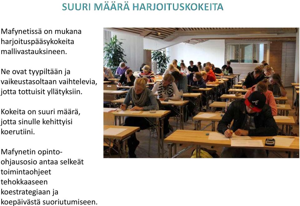 Kokeita on suuri määrä, jotta sinulle kehittyisi koerutiini.