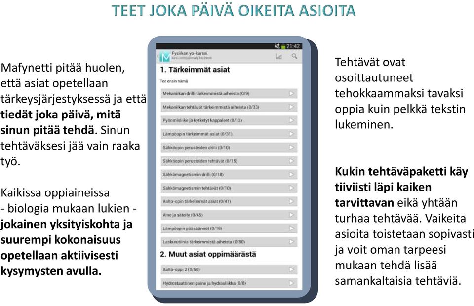 Kaikissa oppiaineissa - biologia mukaan lukien - jokainen yksityiskohta ja suurempi kokonaisuus opetellaan aktiivisesti kysymysten avulla.