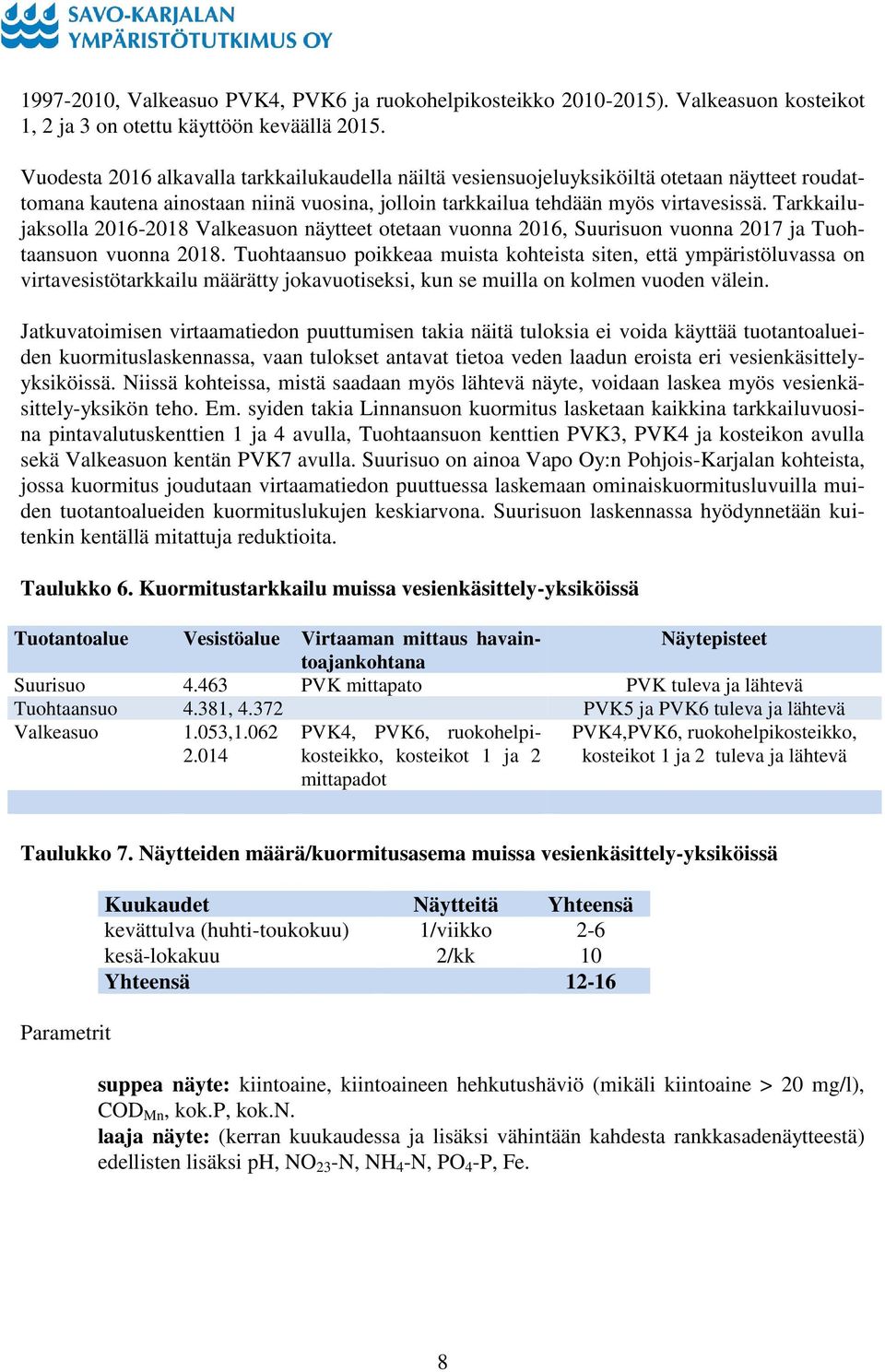 Tarkkailujaksolla 2016-2018 Valkeasuon näytteet otetaan vuonna 2016, Suurisuon vuonna 2017 ja Tuohtaansuon vuonna 2018.