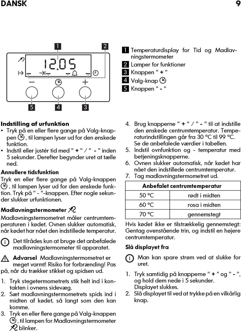 Annullere tidsfunktion Tryk en eller flere gange på Valg-knappen, til lampen lyser ud for den ønskede funktion. Tryk på " - "-knappen. Efter nogle sekunder slukker urfunktionen.