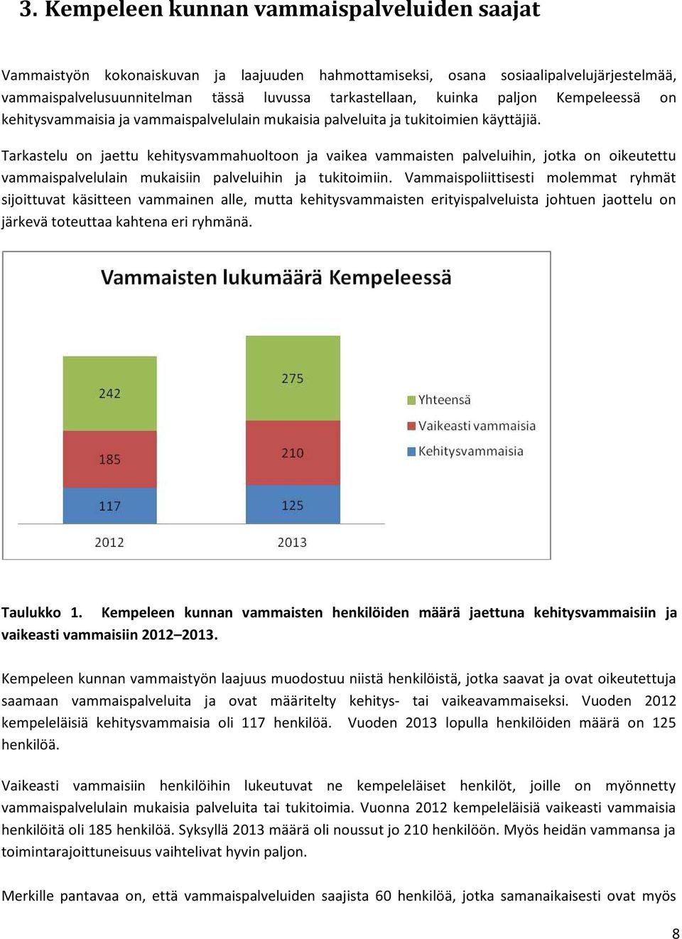 Tarkastelu on jaettu kehitysvammahuoltoon ja vaikea vammaisten palveluihin, jotka on oikeutettu vammaispalvelulain mukaisiin palveluihin ja tukitoimiin.