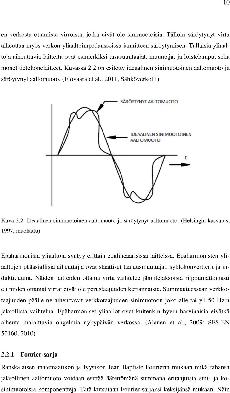 2 on esitetty ideaalinen sinimuotoinen aaltomuoto ja säröytynyt aaltomuoto. (Elovaara et al., 2011, Sähköverkot I) Kuva 2.2. Ideaalinen sinimuotoinen aaltomuoto ja säröytynyt aaltomuoto.