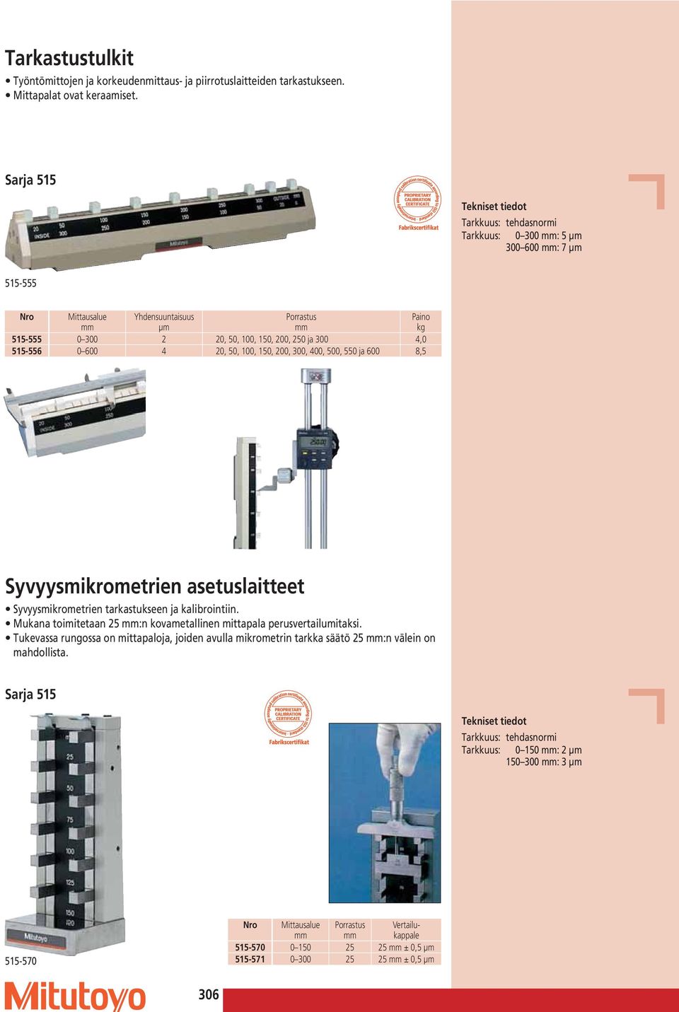 200, 300, 400, 500, 550 ja 600 8,5 Syvyysmikrometrien asetuslaitteet Syvyysmikrometrien tarkastukseen ja kalibrointiin.