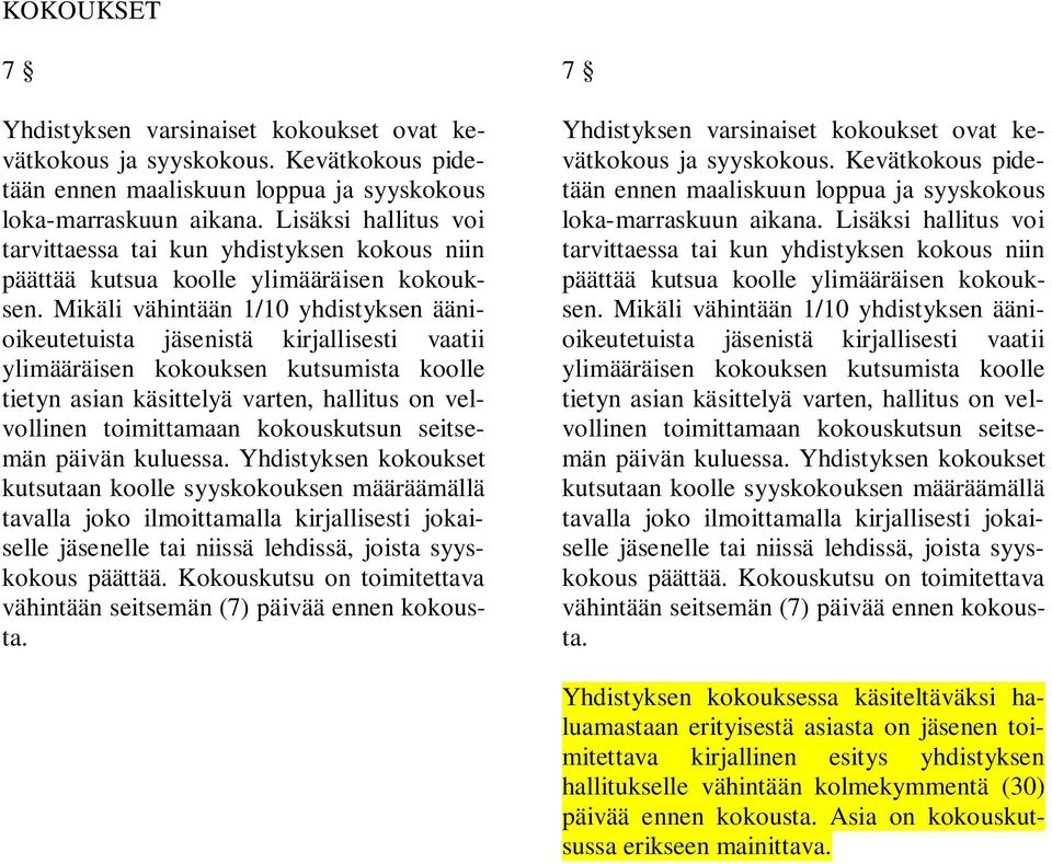 Mikäli vähintään 1/10 yhdistyksen äänioikeutetuista jäsenistä kirjallisesti vaatii ylimääräisen kokouksen kutsumista koolle tietyn asian käsittelyä varten, hallitus on velvollinen toimittamaan