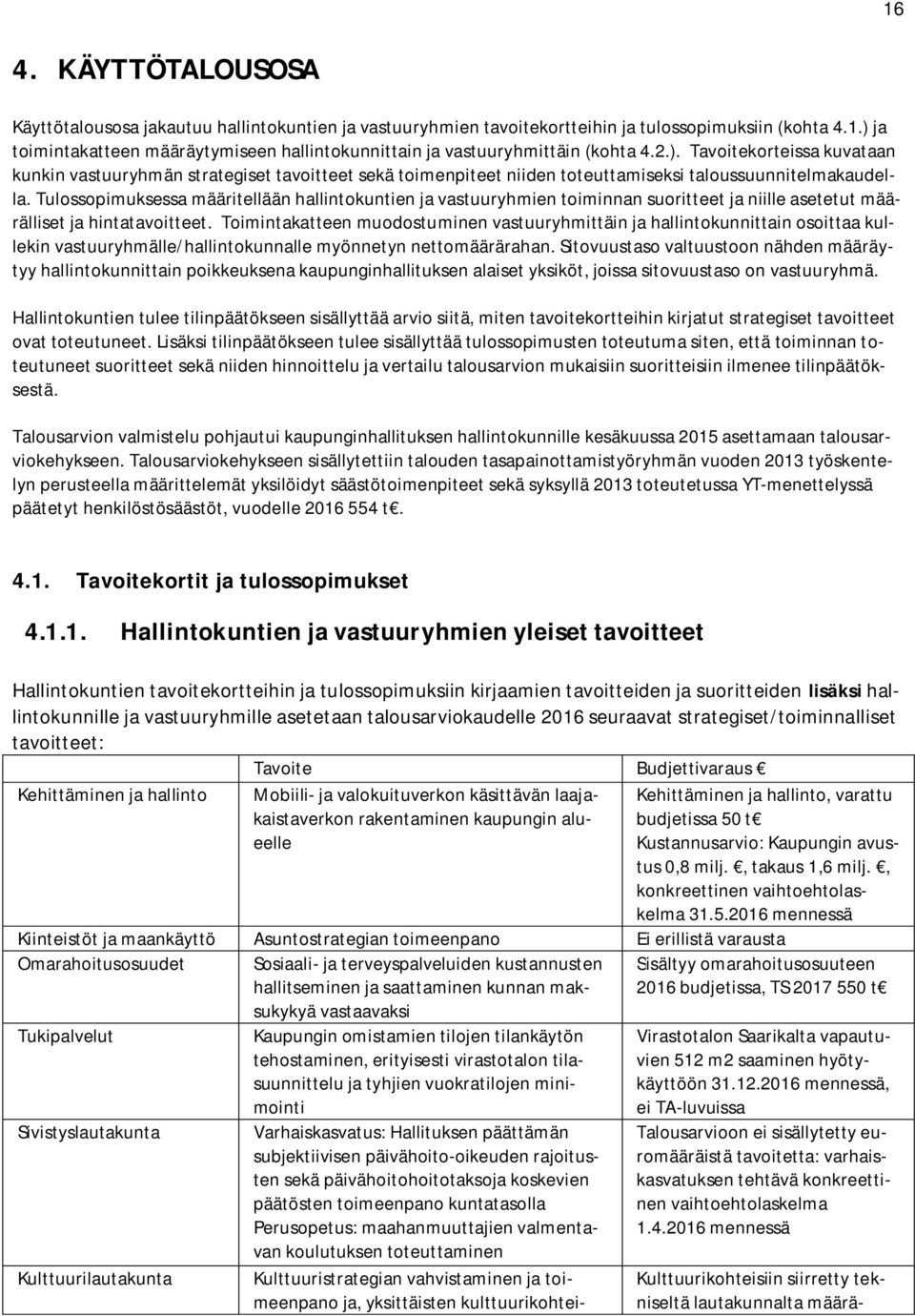 Tulossopimuksessa määritellään hallintokuntien ja vastuuryhmien toiminnan suoritteet ja niille asetetut määrälliset ja hintatavoitteet.