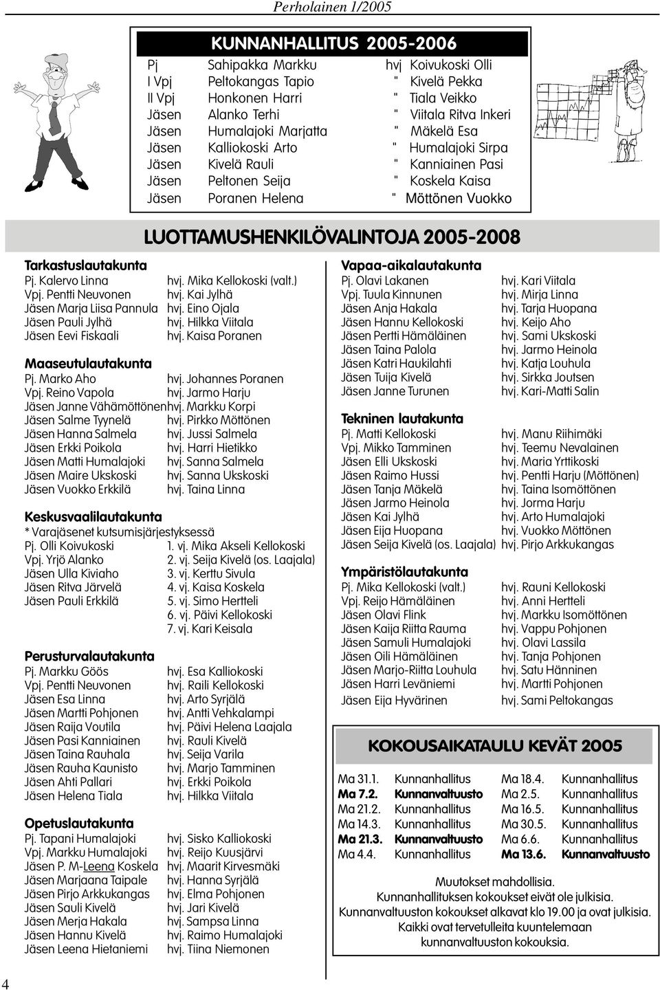 LUOTTAMUSHENKILÖVALINTOJA 2005-2008 Tarkastuslautakunta Pj. Kalervo Linna hvj. Mika Kellokoski (valt.) Vpj. Pentti Neuvonen hvj. Kai Jylhä Jäsen Marja Liisa Pannula hvj.