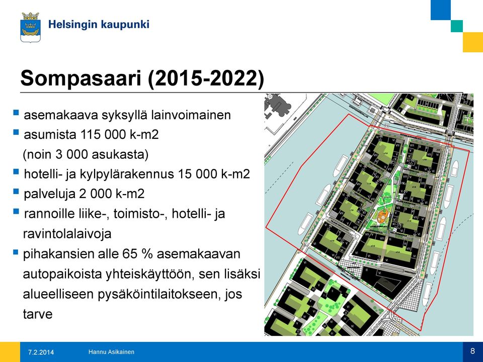 toimisto-, hotelli- ja ravintolalaivoja pihakansien alle 65 % asemakaavan autopaikoista