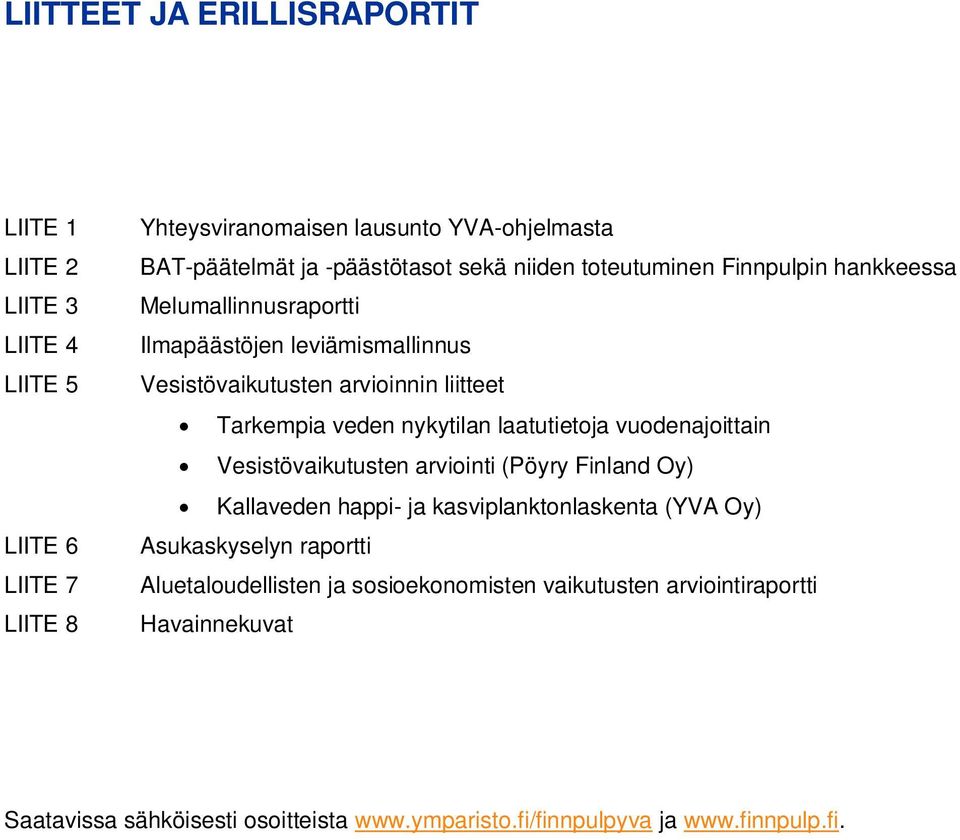 veden nykytilan laatutietoja vuodenajoittain Vesistövaikutusten arviointi (Pöyry Finland Oy) Kallaveden happi- ja kasviplanktonlaskenta (YVA Oy) Asukaskyselyn