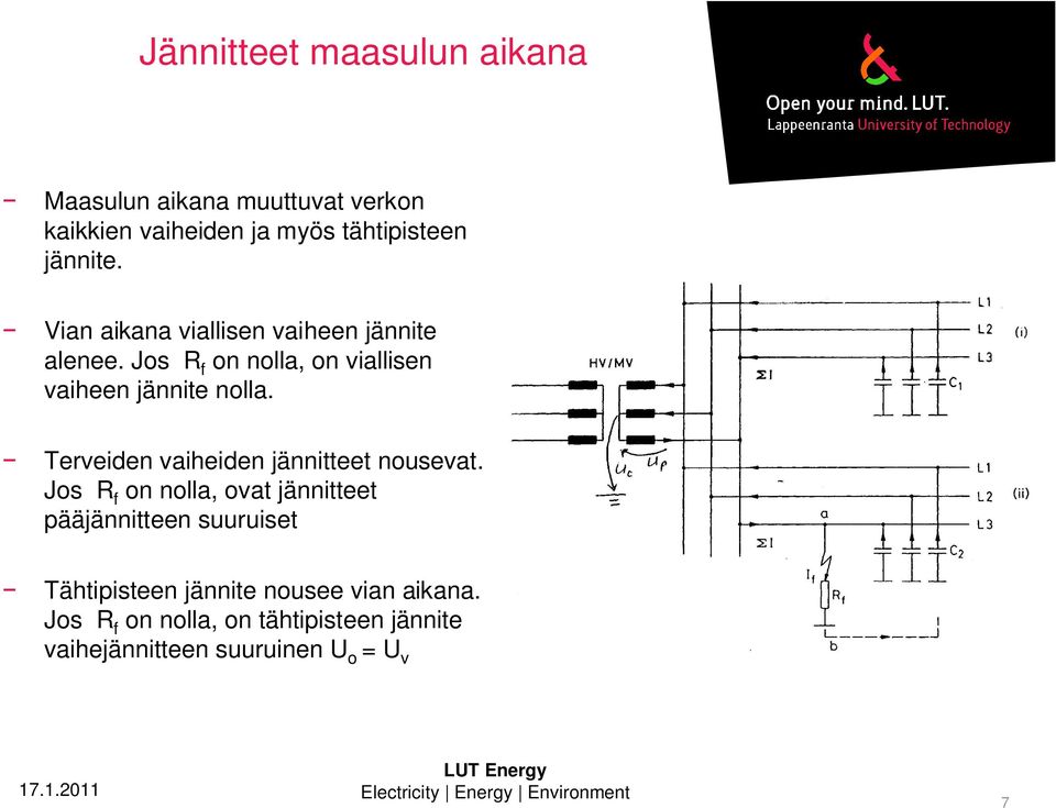 Jos R f on nolla, on viallisen vaiheen jännite nolla. Terveiden vaiheiden jännitteet nousevat.