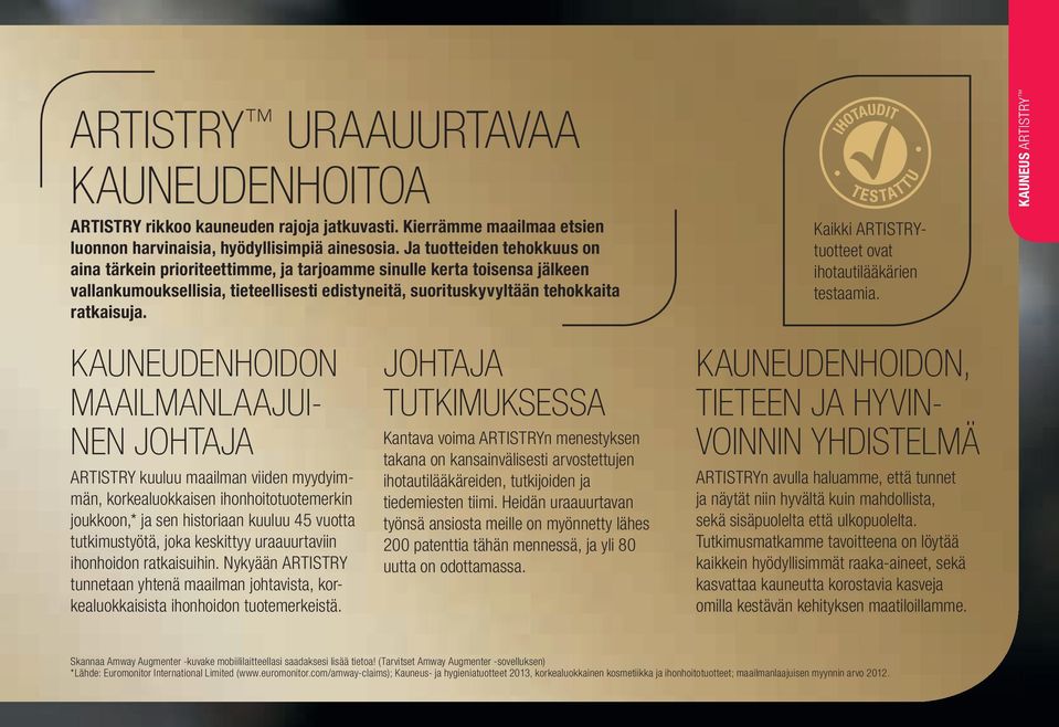 KAUNEUDENHOIDON MAAILMANLAAJUI- NEN JOHTAJA ARTISTRY kuuluu maailman viiden myydyimmän, korkealuokkaisen ihonhoitotuotemerkin joukkoon,* ja sen historiaan kuuluu 45 vuotta tutkimustyötä, joka