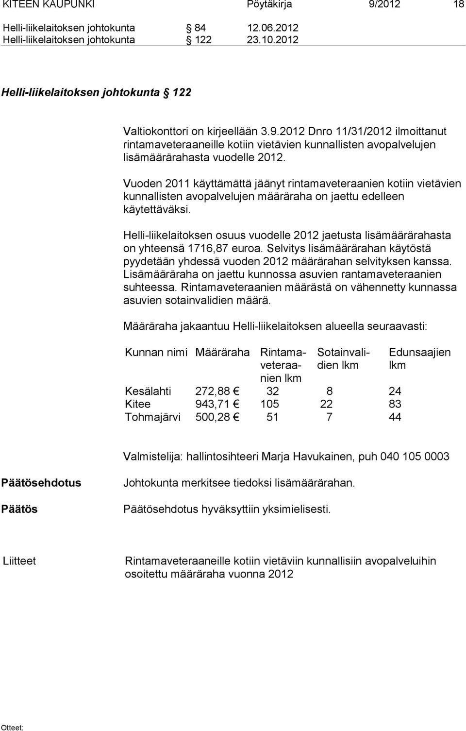 Helli-liikelaitoksen osuus vuodelle 2012 jaetusta lisämäärärahasta on yhteensä 1716,87 euroa. Selvitys lisämäärärahan käytöstä pyydetään yhdessä vuoden 2012 määrärahan selvityksen kanssa.