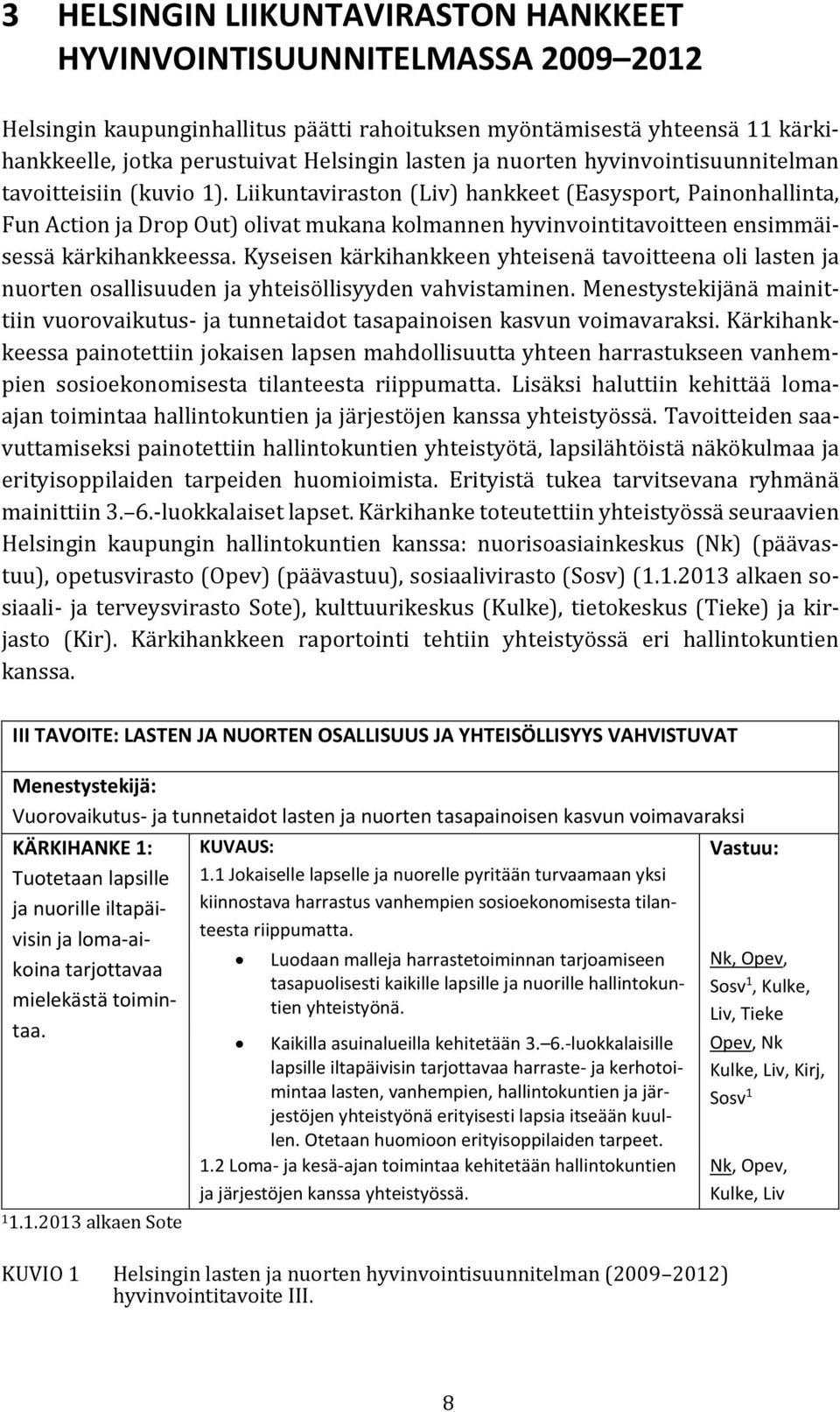 Liikuntaviraston (Liv) hankkeet (Easysport, Painonhallinta, Fun Action ja Drop Out) olivat mukana kolmannen hyvinvointitavoitteen ensimmäisessä kärkihankkeessa.