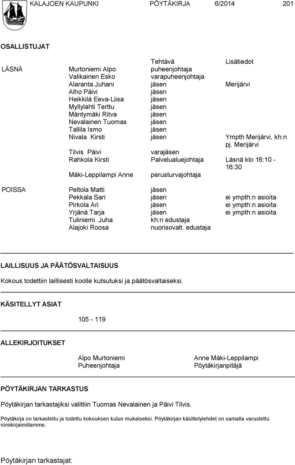 Merijärvi Tilvis Päivi varajäsen Rahkola Kirsti Palvelualuejohtaja Läsnä klo 16:10-16:30 Mäki-Leppilampi Anne perusturvajohtaja POISSA Peltola Matti jäsen Pekkala Sari jäsen ei ympth:n asioita