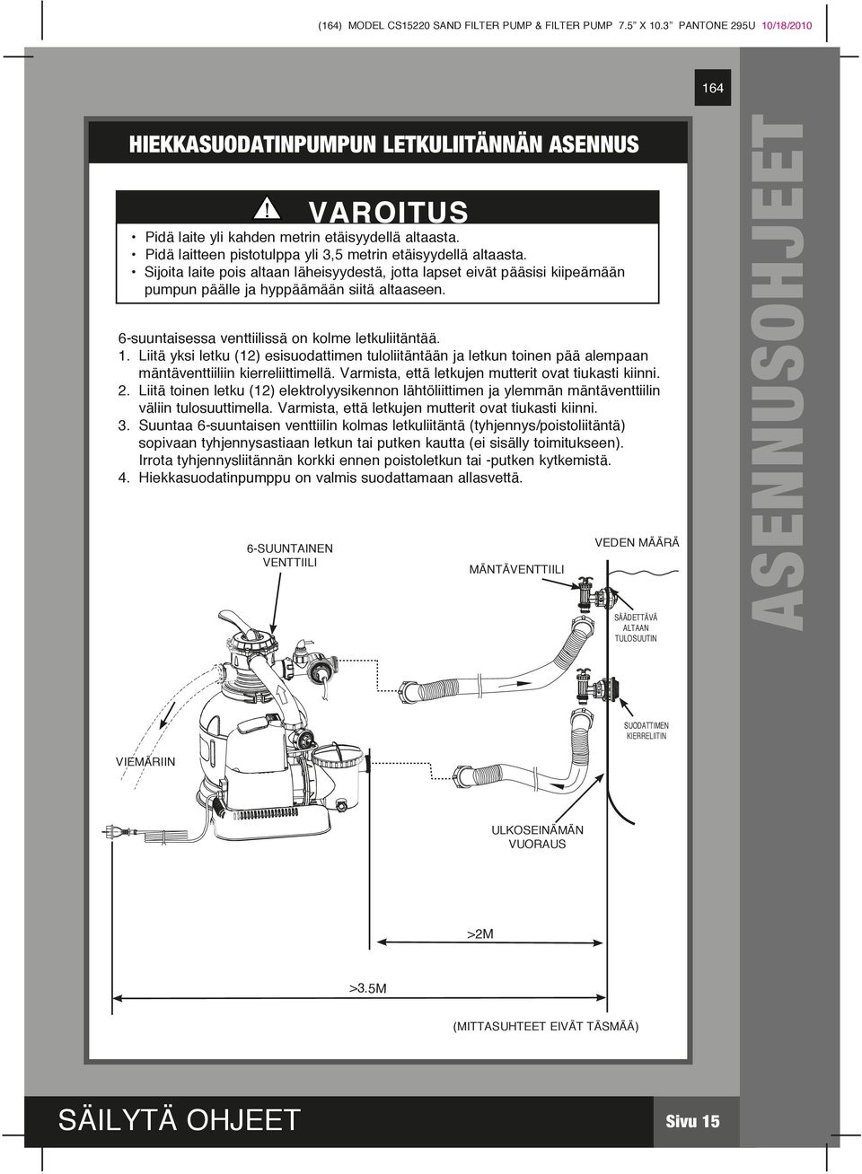 6-suuntaisessa venttiilissä on kolme letkuliitäntää.. Liitä yksi letku () esisuodattimen tuloliitäntään ja letkun toinen pää alempaan mäntäventtiiliin kierreliittimellä.