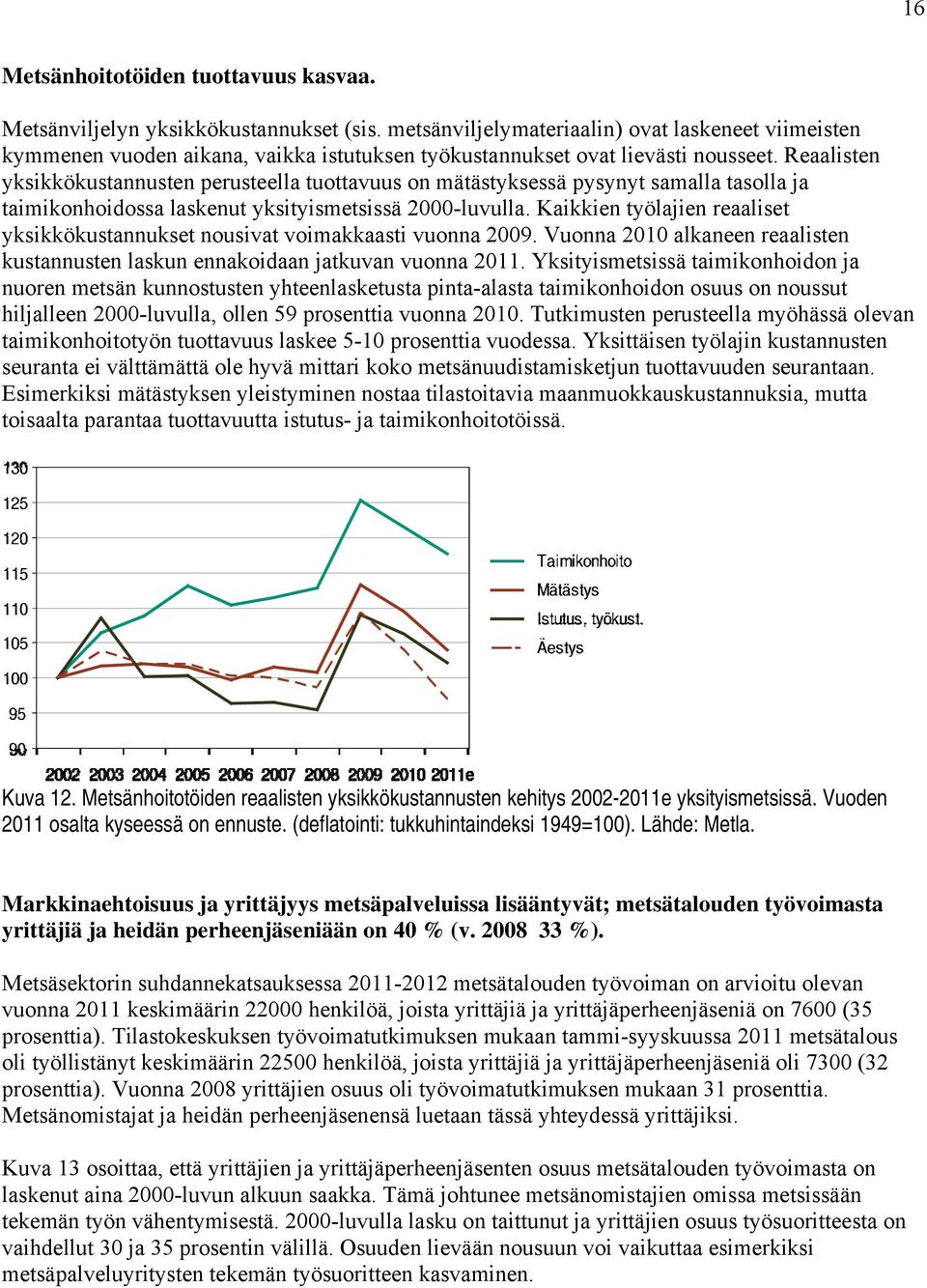 Reaalisten yksikkökustannusten perusteella tuottavuus on mätästyksessä pysynyt samalla tasolla ja taimikonhoidossa laskenut yksityismetsissä 2000-luvulla.